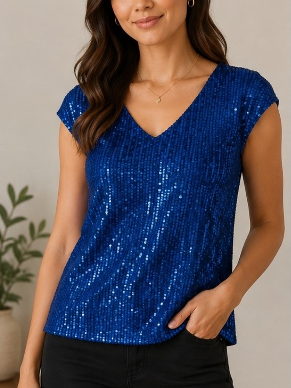 Blue Sequin V-Neck Camisole